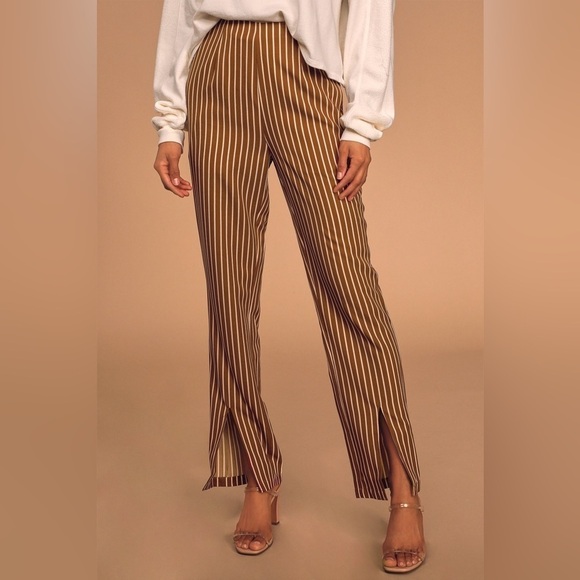 Lulus Never Too Late Striped Split Hem Pants Brown Cream  Size S Small - Picture 12 of 14